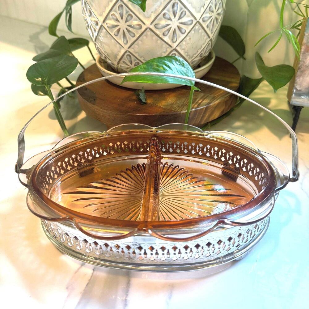 Vintage Tiffin Amber Depression Glass Scalloped Dish in Silverplate Basket